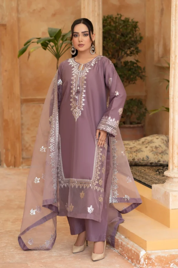 Lavender Crystal‑Embroidered Premium Lawn Ensemble