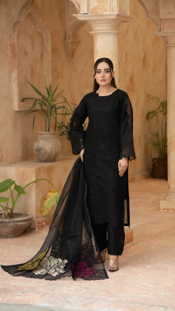 Elegant Black Embroidered Lawn Outfit with Floral Organza Dupatta