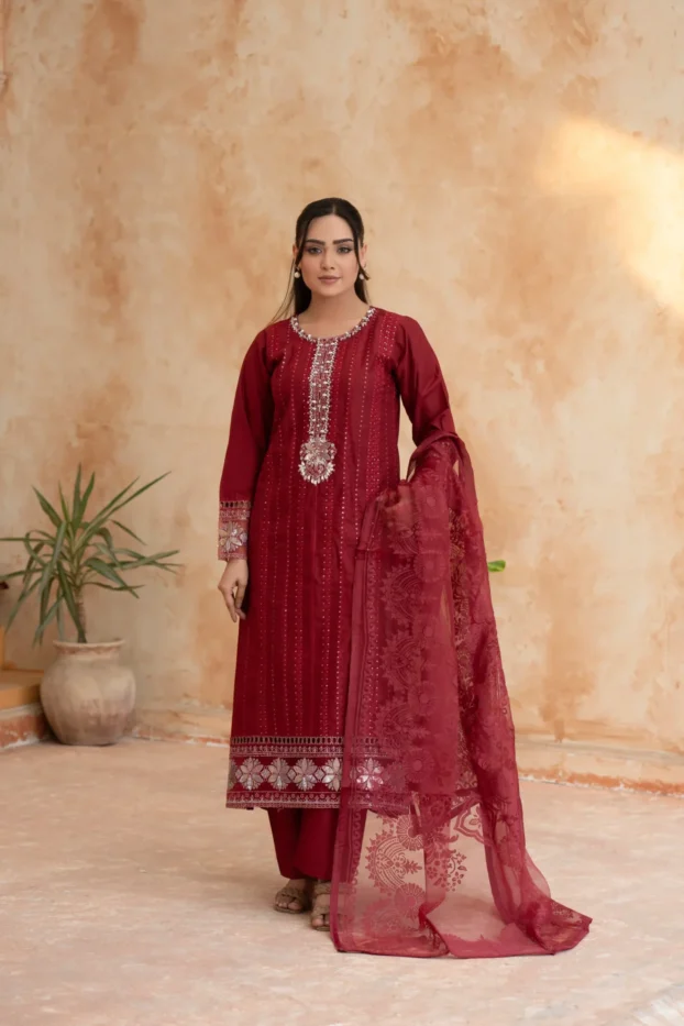 Maroon Embroidered Long Shirt with Lace Dupatta
