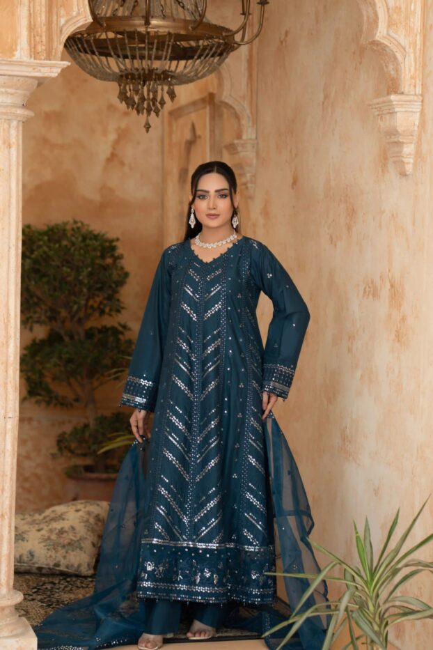 Teal Sequined Embroidery outfit with Organza Dupatta & Trouser