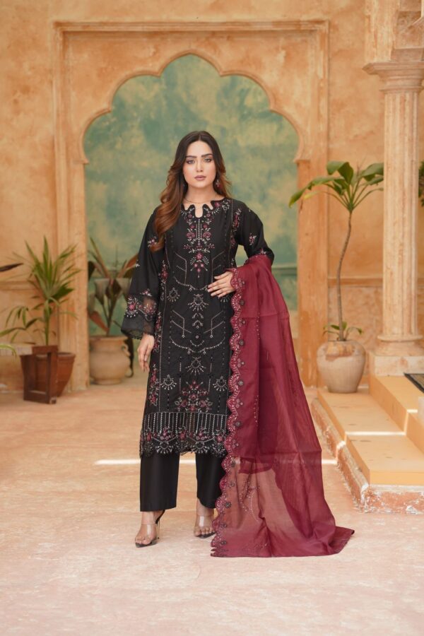 Embroidered Black Outfit with Maroon Organza Dupatta