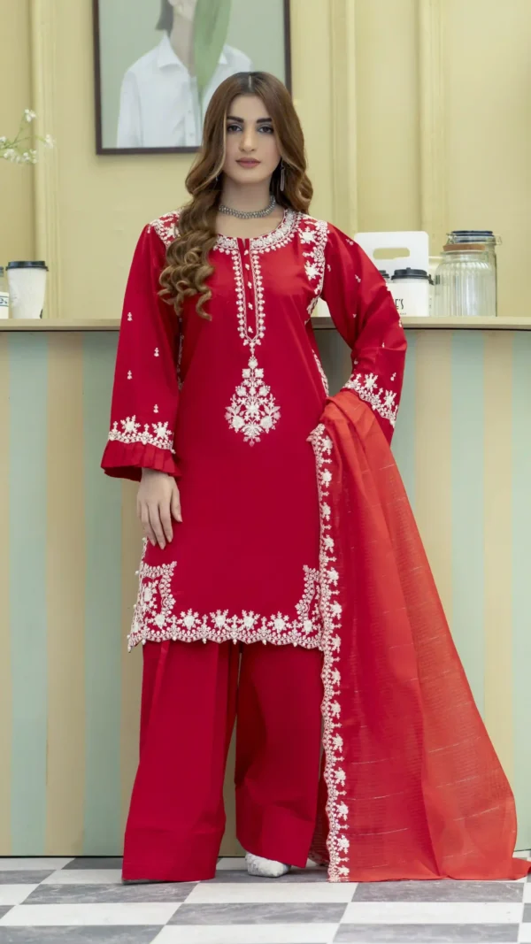 Elegant Red Embroidered Lawn with Farshi Shalwar