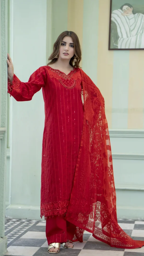 Red Embroidered Lawn Suit with Embossed Dupatta